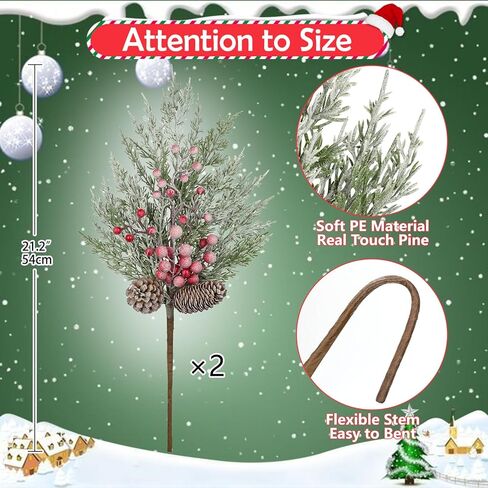 Oairse 2 Pcs Christmas Artificial Pine Branches 21.2 inch Cedar Pine Stems Christmas Greenery Picks with Red Berries Pinecones Picks Spray Xmas Tree Branches for Xmas Vase DIY Craft Holiday Decor in Saudi Arabia