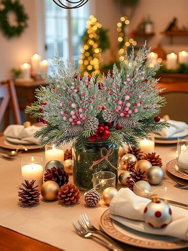 Oairse 2 Pcs Christmas Artificial Pine Branches 21.2 inch Cedar Pine Stems Christmas Greenery Picks with Red Berries Pinecones Picks Spray Xmas Tree Branches for Xmas Vase DIY Craft Holiday Decor in Saudi Arabia