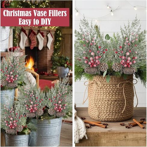 Oairse 2 Pcs Christmas Artificial Pine Branches 21.2 inch Cedar Pine Stems Christmas Greenery Picks with Red Berries Pinecones Picks Spray Xmas Tree Branches for Xmas Vase DIY Craft Holiday Decor in Saudi Arabia