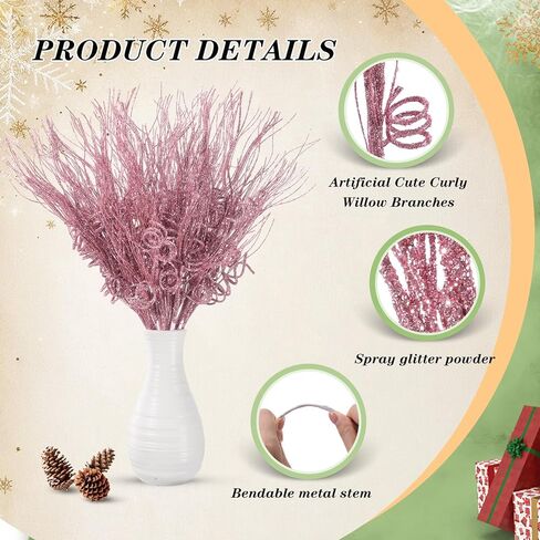 Suncalla 24 Pcs 16.5 Inch Christmas Tree Picks Glitter Artificial Curly Sprays Christmas Floral Stems Branches for Xmas Tree Sticks Garland Ornaments Vase Filler Decorations (Gold) in Kuwait