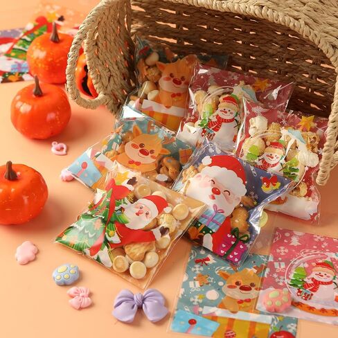 100 PCS Christmas Cellophane Bags, Christmas Cookie Bags Treat Bags Self Sealing Clear Self-adhesive Snack Candy Gift Wrap Ziplock Bags for Winter Santa Xmas Holiday Party Gift Decoration Supplies in Saudi Arabia