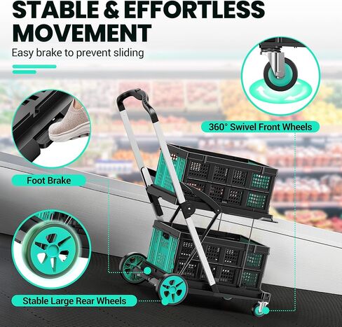 عربة تسوق قابلة للطي 8 في 1 بسعة 200 رطل، عربة أدوات متعددة الوظائف مع صندوقين للتخزين، عربة بقالة بمقبض قابل للتعديل على عجلات للتسوق والمستودع والمكتب والسوبر ماركت، باللون الأزرق in Kuwait
