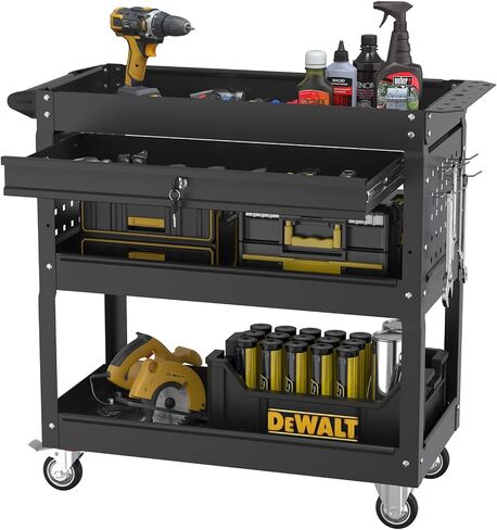 3 Tier Rolling Cart, Heavy Duty Utility Industrial Service Carts on Wheels, Metal Tool Cart with Locked Drawers, Ideal for Garage, Warehouse and Repair Shop（Black） in Saudi Arabia