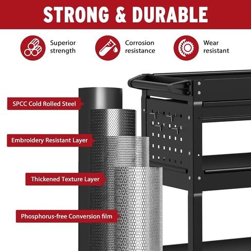 3 Tier Rolling Cart, Heavy Duty Utility Industrial Service Carts on Wheels, Metal Tool Cart with Locked Drawers, Ideal for Garage, Warehouse and Repair Shop（Black） in Saudi Arabia