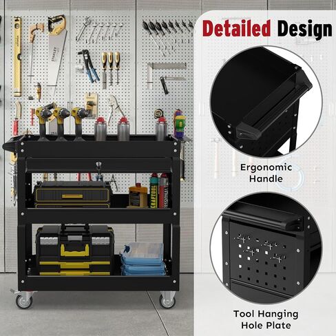 3 Tier Rolling Cart, Heavy Duty Utility Industrial Service Carts on Wheels, Metal Tool Cart with Locked Drawers, Ideal for Garage, Warehouse and Repair Shop（Black） in Saudi Arabia