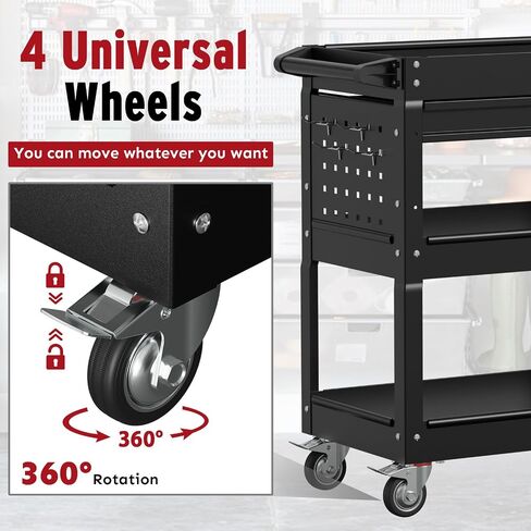 3 Tier Rolling Cart, Heavy Duty Utility Industrial Service Carts on Wheels, Metal Tool Cart with Locked Drawers, Ideal for Garage, Warehouse and Repair Shop（Black） in Saudi Arabia
