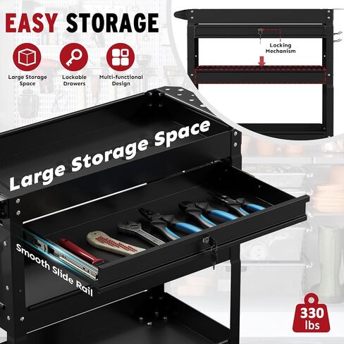 3 Tier Rolling Cart, Heavy Duty Utility Industrial Service Carts on Wheels, Metal Tool Cart with Locked Drawers, Ideal for Garage, Warehouse and Repair Shop（Black） in Saudi Arabia