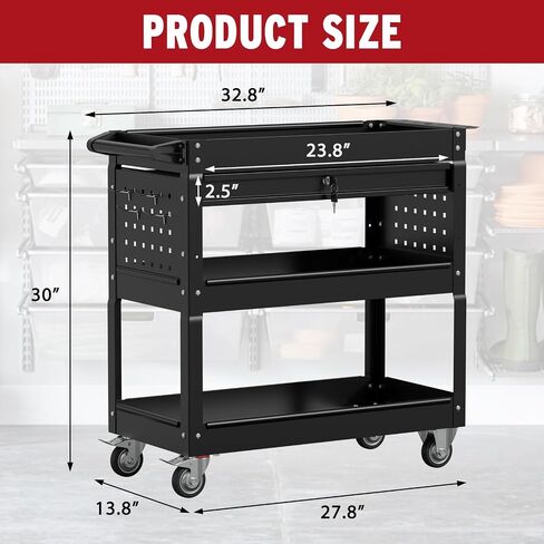 3 Tier Rolling Cart, Heavy Duty Utility Industrial Service Carts on Wheels, Metal Tool Cart with Locked Drawers, Ideal for Garage, Warehouse and Repair Shop（Black） in Saudi Arabia