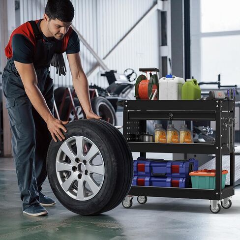 3 Tier Rolling Cart, Heavy Duty Utility Industrial Service Carts on Wheels, Metal Tool Cart with Locked Drawers, Ideal for Garage, Warehouse and Repair Shop（Black） in Saudi Arabia