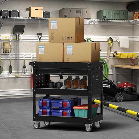 3 Tier Rolling Cart, Heavy Duty Utility Industrial Service Carts on Wheels, Metal Tool Cart with Locked Drawers, Ideal for Garage, Warehouse and Repair Shop（Black） in Saudi Arabia