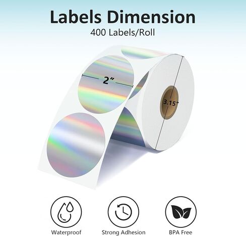JOYIT 2'' Holographic Thermal Labels - 400pcs Round Thermal Printer Labels, Waterproof Thermal Printer Stickers for Logo Design, Name/Price Tag, Thanks Card, Address, QR Code, 400 Labels/Roll in Saudi Arabia