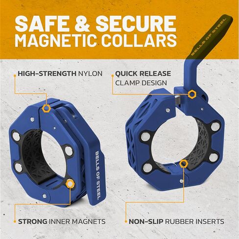 Magnetic Barbell Collars [Bells of Steel] Premium Weight Bar Clamps | Quick Release Barbell Clips, Olympic Barbell Clamps | Rubberized Gym Clips for Weightlifting Bar, Pair, Black in Kuwait