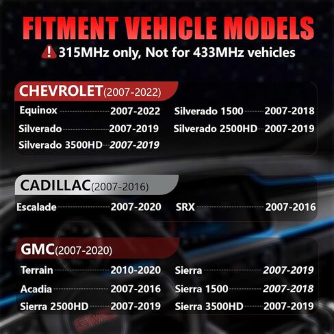 TPMS مبرمج مسبقًا 315 ميجا هرتز، مستشعر ضغط الإطارات مناسب لسيارة Chevy Silverado (2007-2019)/Equinox(2007-2022)، Cadillac Escalade (2007-2020)، GMC Terrain(2010-2020)/Sierra(2007-2019) (4 قطع) in Kuwait
