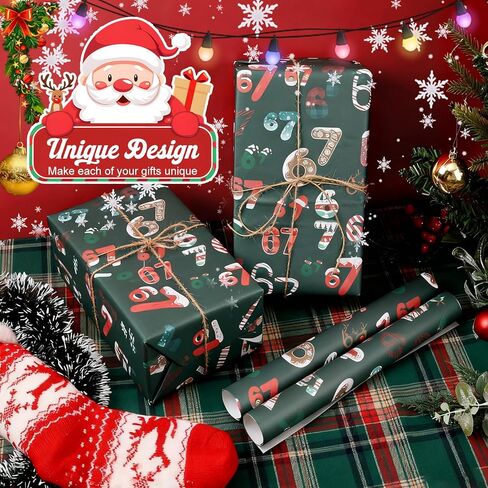 67 ورق تغليف، 67 ميمي غلاف هدايا عيد الميلاد، 6 7 ورق تغليف، لفة ورق تغليف ميمي عيد الميلاد، فريدة من نوعها 6 7 أوراق تغليف احتفالية لعيد الميلاد 6 7 لفات ورق تغليف هدايا عيد الميلاد (أخضر 19 * 36 بوصة + 2 حبال قنب) in Kuwait