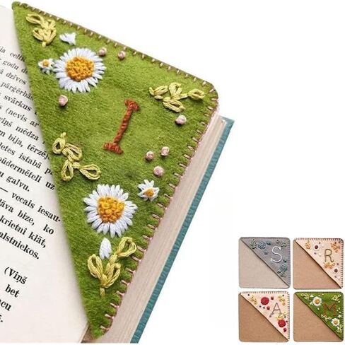 Personalized Hand Embroidered Corner Bookmark,Felt Triangle Page Stitched Handmade Bookmark,Unique Cute Flower Letter Embroidery Bookmarks Accessories for Book Lovers in Saudi Arabia