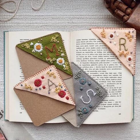Personalized Hand Embroidered Corner Bookmark,Felt Triangle Page Stitched Handmade Bookmark,Unique Cute Flower Letter Embroidery Bookmarks Accessories for Book Lovers in Saudi Arabia