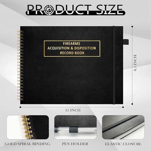 كتاب سجل الاستحواذ والتصرف A&D Gun Log Book 11 بوصة × 8.5 بوصة غطاء جلدي من البولي يوريثان ATF Gun Log Book سجل الأسلحة النارية 120 صفحة سلك O حلزوني أسود in Kuwait