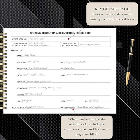 كتاب سجل الاستحواذ والتصرف A&D Gun Log Book 11 بوصة × 8.5 بوصة غطاء جلدي من البولي يوريثان ATF Gun Log Book سجل الأسلحة النارية 120 صفحة سلك O حلزوني أسود in Kuwait