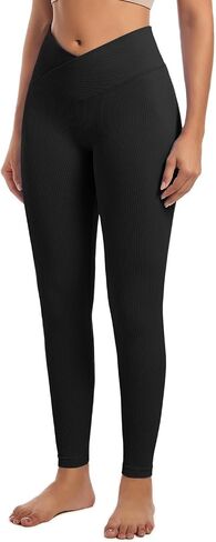 Women High Waist Crossover Leggings Ribbed Tummy Control Workout Yoga Pants Butt Lifting Compression Athletic Pants in Saudi Arabia