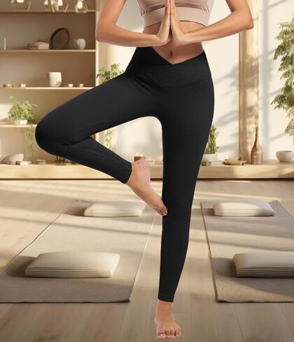 Women High Waist Crossover Leggings Ribbed Tummy Control Workout Yoga Pants Butt Lifting Compression Athletic Pants in Saudi Arabia
