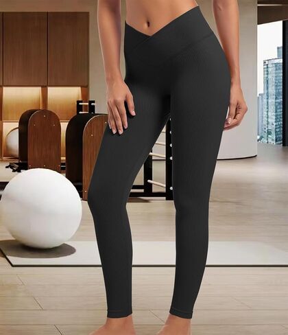 Women High Waist Crossover Leggings Ribbed Tummy Control Workout Yoga Pants Butt Lifting Compression Athletic Pants in Saudi Arabia