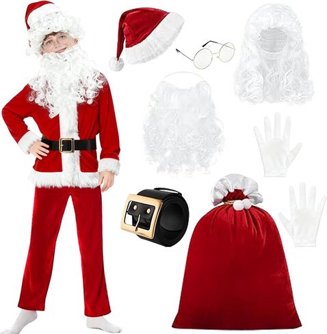 9PCS Santa Claus Costume for Kids: 5-12 Years Velvet Christmas Suit Set with Accessories for Holiday Party Cosplay in Saudi Arabia