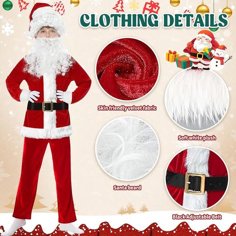 9PCS Santa Claus Costume for Kids: 5-12 Years Velvet Christmas Suit Set with Accessories for Holiday Party Cosplay in Saudi Arabia
