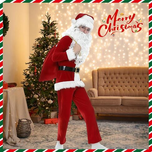 9PCS Santa Claus Costume for Kids: 5-12 Years Velvet Christmas Suit Set with Accessories for Holiday Party Cosplay in Saudi Arabia