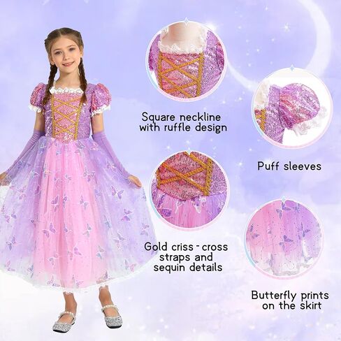 زي الأميرة للفتيات من Lingway Toys: فستان Rapunzel للفتيات، فستان الأميرة ملكة الثلج في الهالوين in Kuwait