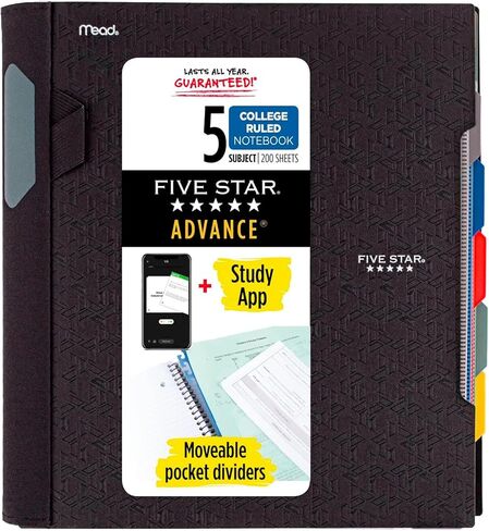 Five Star Spiral Notebook + Study App, 5 Subject, College Ruled Paper, Advance Notebook with Spiral Guard, Movable Tabbed Dividers and Expanding Pockets, 8-1/2" x 11", 200 Sheets, Blue (73150) in Kuwait