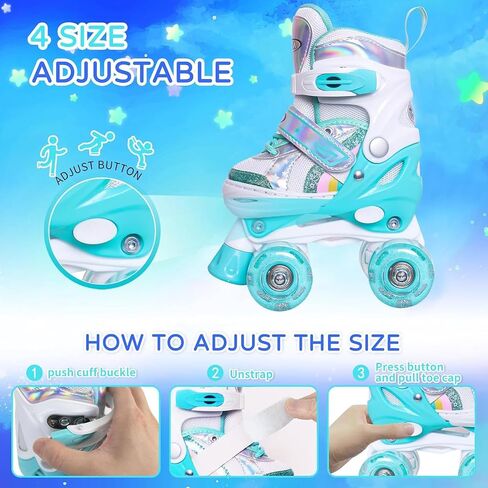 Nattork Girls Roller Skates for Kids, 4 Size Adjustable Rainbow Quad Skates with All Light Up Wheels - Best Birthday Gift for Outdoor Sports in Saudi Arabia