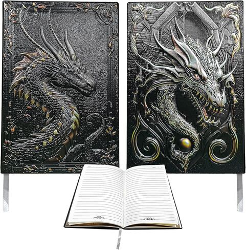 مجلة/دفتر ملاحظات DND، دفتر ملاحظات مبطن ثلاثي الأبعاد منقوش عليه تنين للأبراج المحصنة والتنينات/D&D، غلاف جلدي A5 200 صفحة، ملحقات آر بي جي رائعة هدايا نيردي للرجال والنساء (مبطن باللون الأسود) in Kuwait