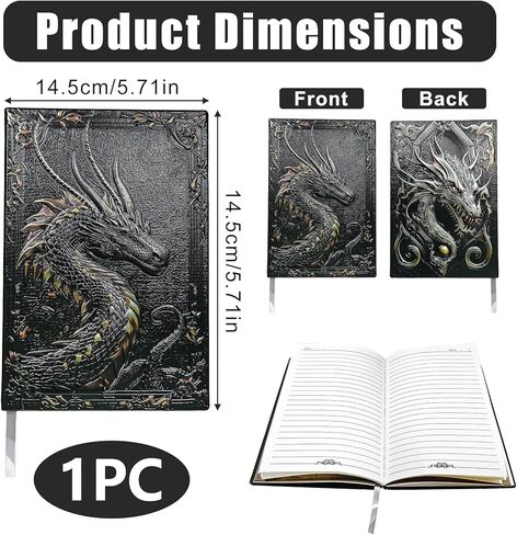 مجلة/دفتر ملاحظات DND، دفتر ملاحظات مبطن ثلاثي الأبعاد منقوش عليه تنين للأبراج المحصنة والتنينات/D&D، غلاف جلدي A5 200 صفحة، ملحقات آر بي جي رائعة هدايا نيردي للرجال والنساء (مبطن باللون الأسود) in Kuwait