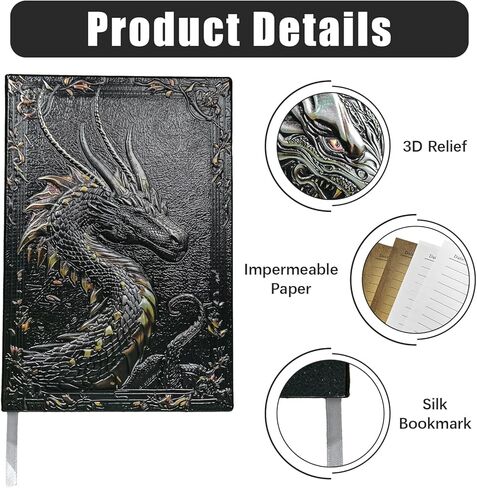 مجلة/دفتر ملاحظات DND، دفتر ملاحظات مبطن ثلاثي الأبعاد منقوش عليه تنين للأبراج المحصنة والتنينات/D&D، غلاف جلدي A5 200 صفحة، ملحقات آر بي جي رائعة هدايا نيردي للرجال والنساء (مبطن باللون الأسود) in Kuwait