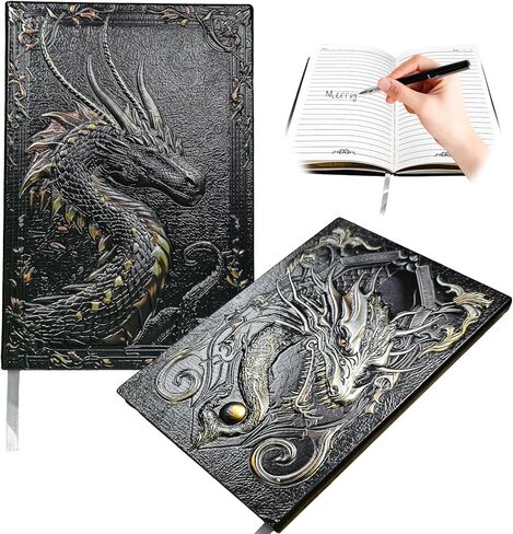 مجلة/دفتر ملاحظات DND، دفتر ملاحظات مبطن ثلاثي الأبعاد منقوش عليه تنين للأبراج المحصنة والتنينات/D&D، غلاف جلدي A5 200 صفحة، ملحقات آر بي جي رائعة هدايا نيردي للرجال والنساء (مبطن باللون الأسود) in Kuwait