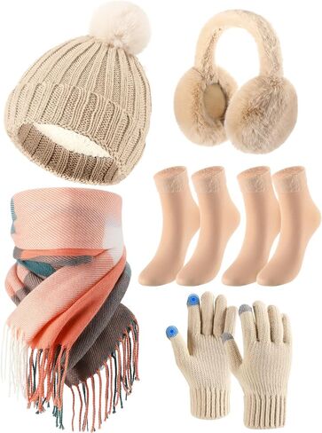 Geyoga Winter Beanie Hat Scarf Set Women Men Touchscreen Gloves Knit Fleece Lined Warm Earmuffs Socks Gift Set(Beige,Urban) in Saudi Arabia