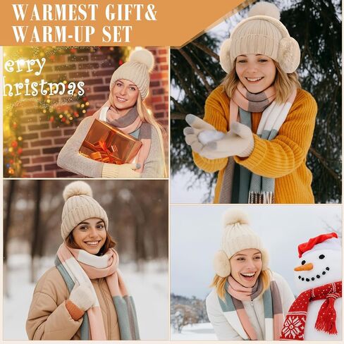 Geyoga Winter Beanie Hat Scarf Set Women Men Touchscreen Gloves Knit Fleece Lined Warm Earmuffs Socks Gift Set(Beige,Urban) in Saudi Arabia