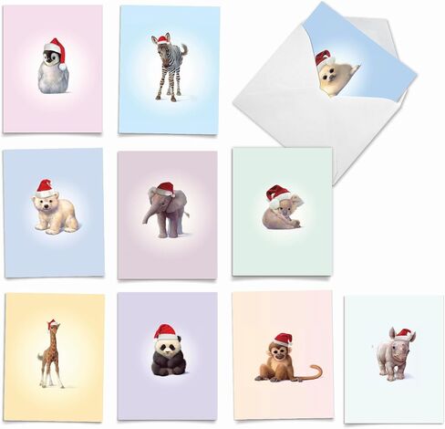The Best Card Company - 10 Blank Animal Christmas Note Cards - Assorted Bulk Holiday Cards for Kids, Fun Wildlife (4 x 5.12 Inch) - Christmas Zoo Babies M6726XSB in Saudi Arabia