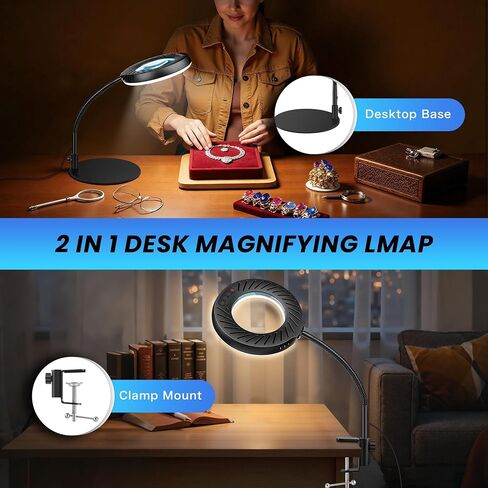عدسة مكبرة 12X مع ضوء وحامل، 144 مصباح LED مرن لسطح المكتب، 5 أوضاع ألوان 9 سطوع خافت، مصباح مكبر معدني للمكتب من أجل القراءة الحرفية والرسم والهوايات القريبة من العمل in Kuwait