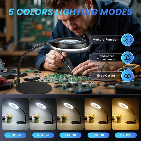 عدسة مكبرة 12X مع ضوء وحامل، 144 مصباح LED مرن لسطح المكتب، 5 أوضاع ألوان 9 سطوع خافت، مصباح مكبر معدني للمكتب من أجل القراءة الحرفية والرسم والهوايات القريبة من العمل in Kuwait