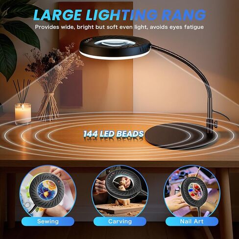 عدسة مكبرة 12X مع ضوء وحامل، 144 مصباح LED مرن لسطح المكتب، 5 أوضاع ألوان 9 سطوع خافت، مصباح مكبر معدني للمكتب من أجل القراءة الحرفية والرسم والهوايات القريبة من العمل in Kuwait