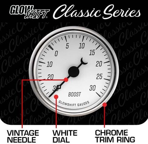 GlowShift Classic Series 30 PSI Turbo Boost Pressure Gauge Kit - Includes Electronic Sensor & Wiring Harnesses - White Dial - White LED - Vintage Style Design - 2-1/16" (52mm) Diameter in Saudi Arabia