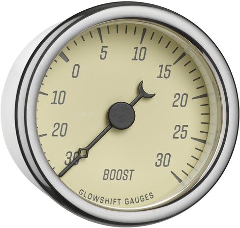 مجموعة قياس الضغط GlowShift Classic Series 30 PSI Turbo Boost - تتضمن مستشعرًا إلكترونيًا وأحزمة أسلاك - قرص أبيض عتيق - LED أبيض - تصميم على الطراز العتيق - 2-1/16 بوصة (52 مم) in Saudi Arabia