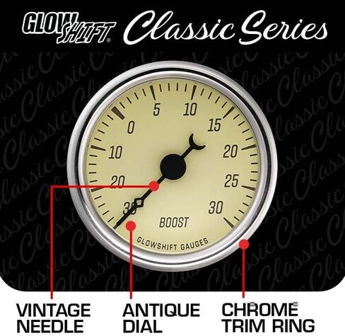 مجموعة قياس الضغط GlowShift Classic Series 30 PSI Turbo Boost - تتضمن مستشعرًا إلكترونيًا وأحزمة أسلاك - قرص أبيض عتيق - LED أبيض - تصميم على الطراز العتيق - 2-1/16 بوصة (52 مم) in Saudi Arabia