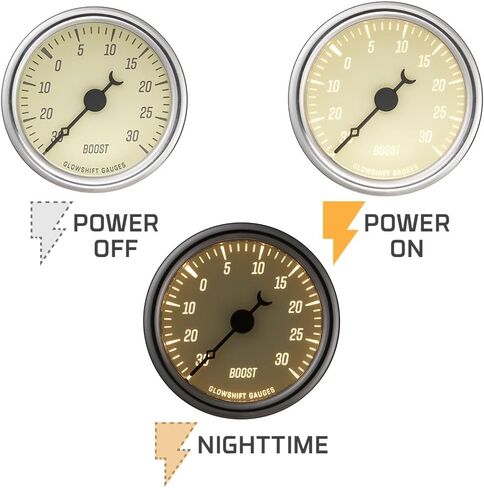 مجموعة قياس الضغط GlowShift Classic Series 30 PSI Turbo Boost - تتضمن مستشعرًا إلكترونيًا وأحزمة أسلاك - قرص أبيض عتيق - LED أبيض - تصميم على الطراز العتيق - 2-1/16 بوصة (52 مم) in Saudi Arabia