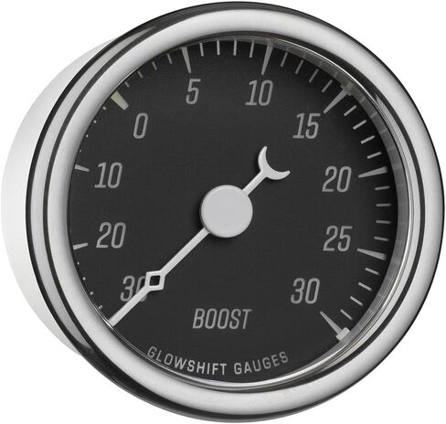 GlowShift Classic Series 30 PSI Turbo Boost Pressure Gauge Kit - Includes Electronic Sensor & Wiring Harnesses - Black Dial - White LED - Vintage Style Design - 2-1/16" (52mm) Diameter in Saudi Arabia