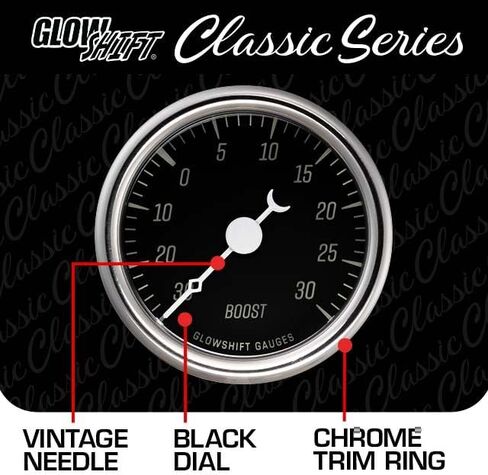 GlowShift Classic Series 30 PSI Turbo Boost Pressure Gauge Kit - Includes Electronic Sensor & Wiring Harnesses - Black Dial - White LED - Vintage Style Design - 2-1/16" (52mm) Diameter in Saudi Arabia