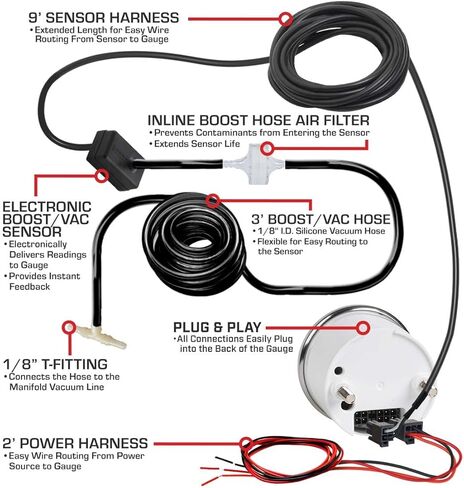 GlowShift Classic Series 30 PSI Turbo Boost Pressure Gauge Kit - Includes Electronic Sensor & Wiring Harnesses - Black Dial - White LED - Vintage Style Design - 2-1/16" (52mm) Diameter in Saudi Arabia