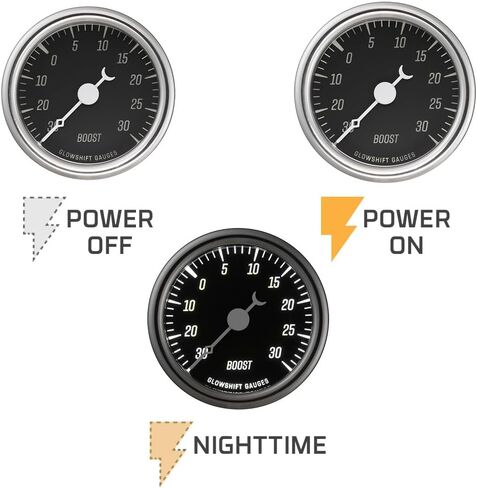 GlowShift Classic Series 30 PSI Turbo Boost Pressure Gauge Kit - Includes Electronic Sensor & Wiring Harnesses - Black Dial - White LED - Vintage Style Design - 2-1/16" (52mm) Diameter in Saudi Arabia
