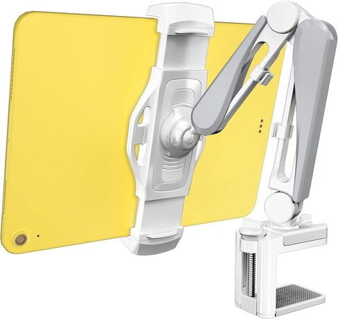Aluminum Tablet Stand Holder, iPad Clamp Mount with 360° Adjustable Long Arm, iPad Stand for Desk & Bed, Tablet Holder for 4"-13" iPhone, iPad Mini Air Pro, Kindle, Switch - Elegant White in Kuwait